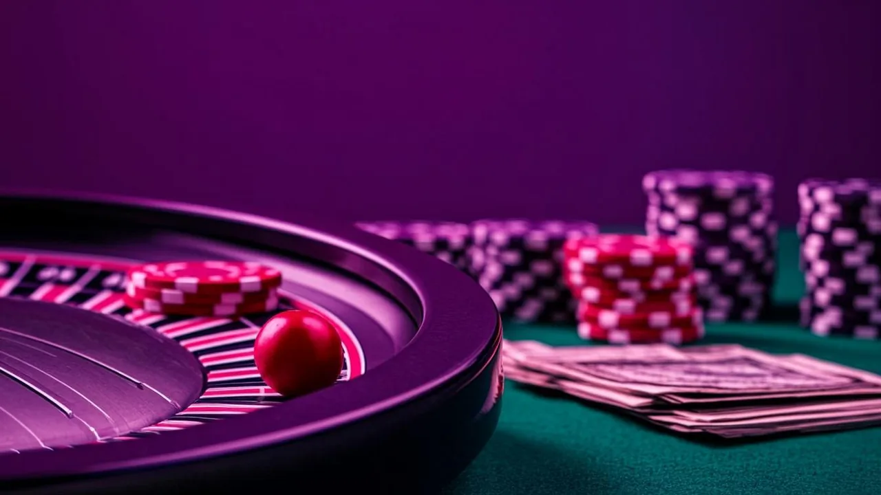 Contract pages and casino chips under violet neon light, decoder mood on dark background