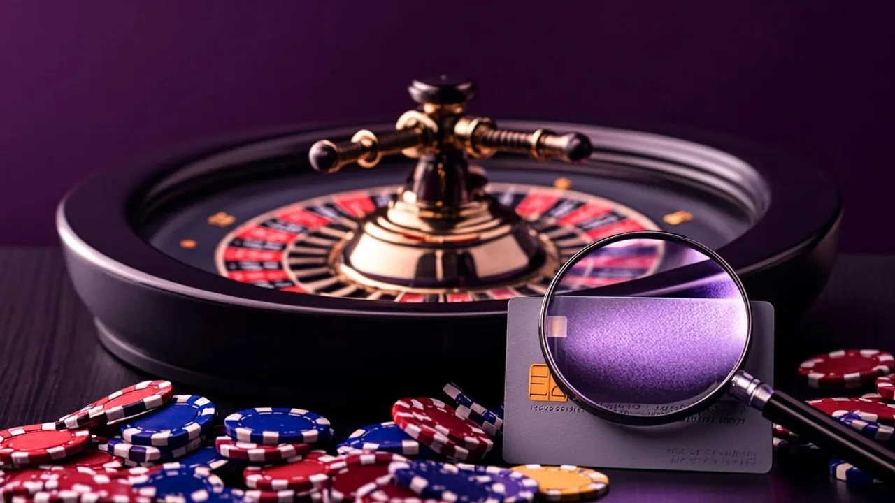 Violet neon magnifier over a free credit clause beside casino chips on dark felt