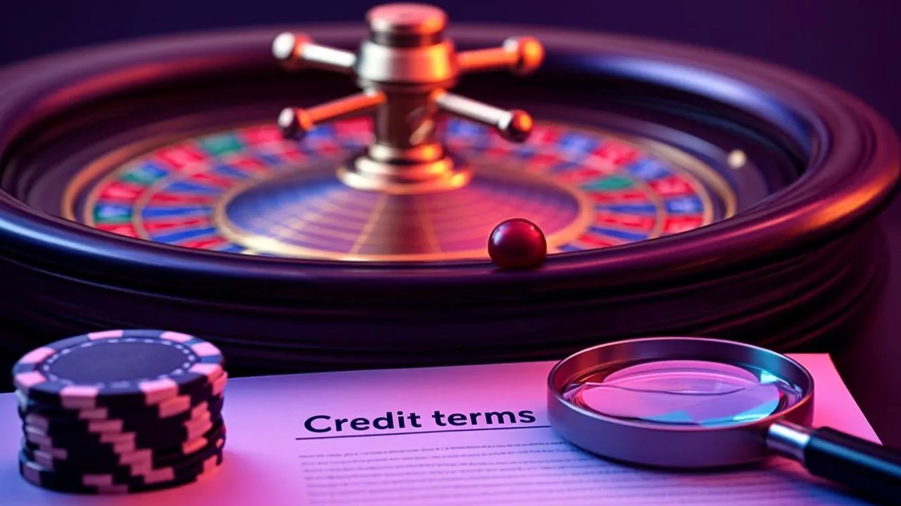 Violet neon magnifier over a free credit clause beside casino chips on dark felt