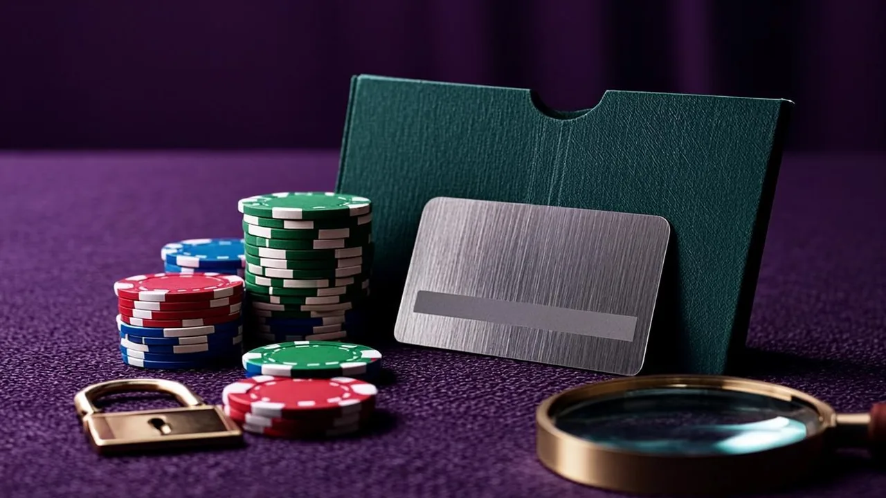 document folder and violet id card on a dark desk, verification clauses motif for Big Winnings