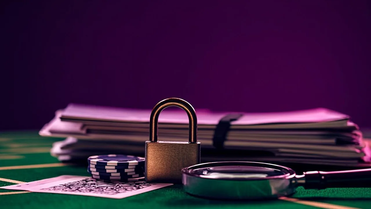 Identity documents and casino chips under violet neon, padlock and magnifier on dark desk
