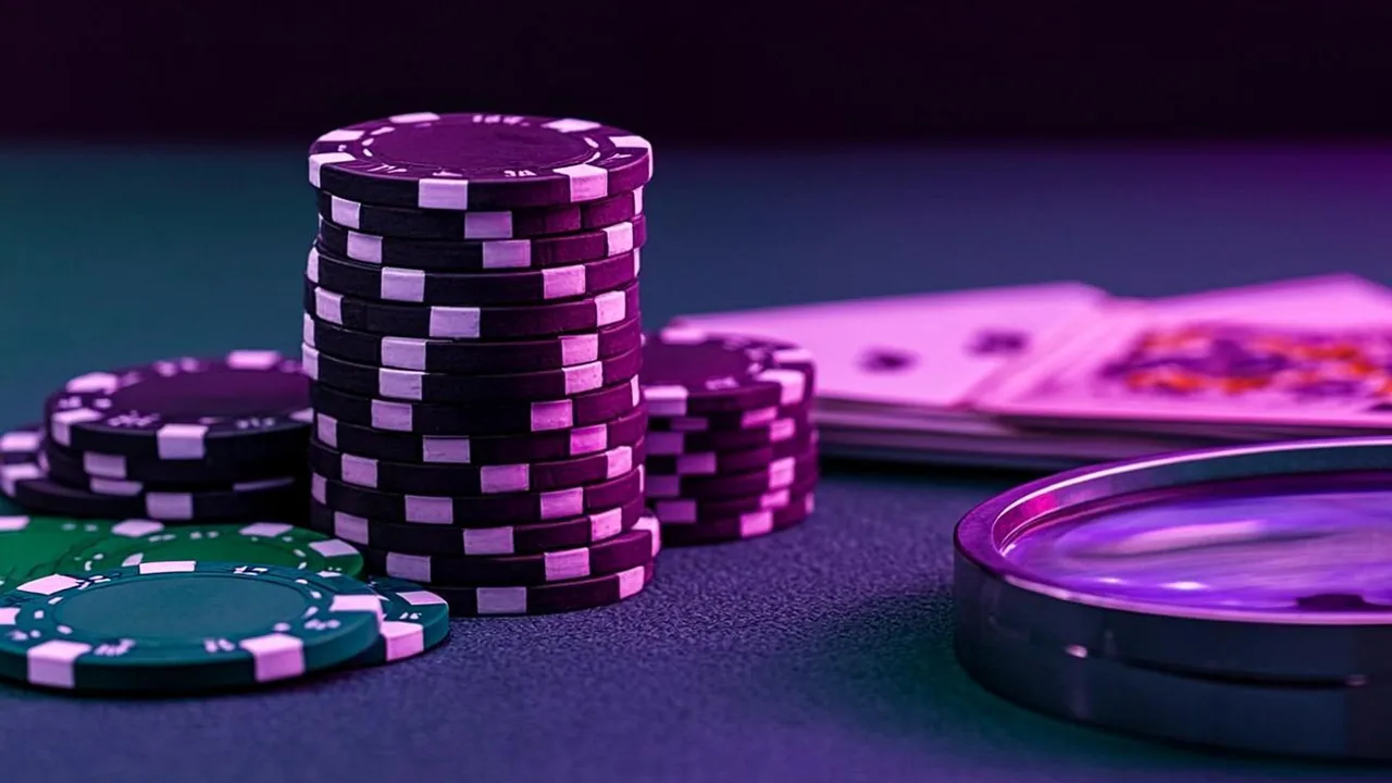 Footer licence text under violet neon magnifier beside playing cards on dark desk