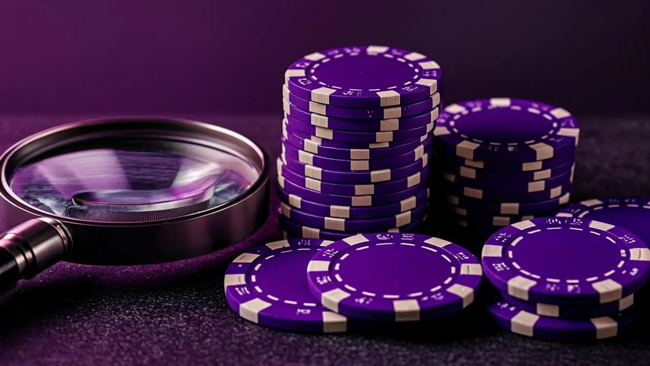 Footer licence text under violet neon magnifier beside playing cards on dark desk