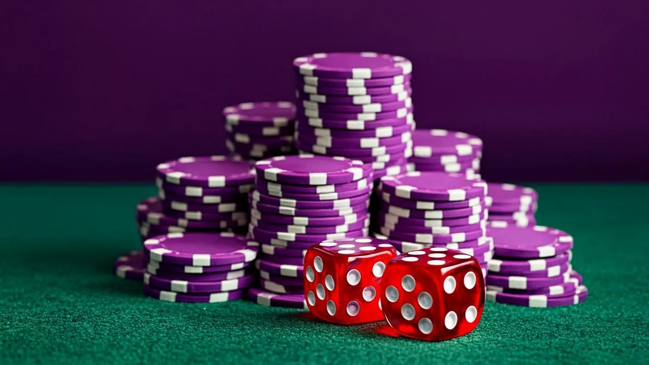 High stakes blackjack table with a tall stack of purple-neon chips on dark felt