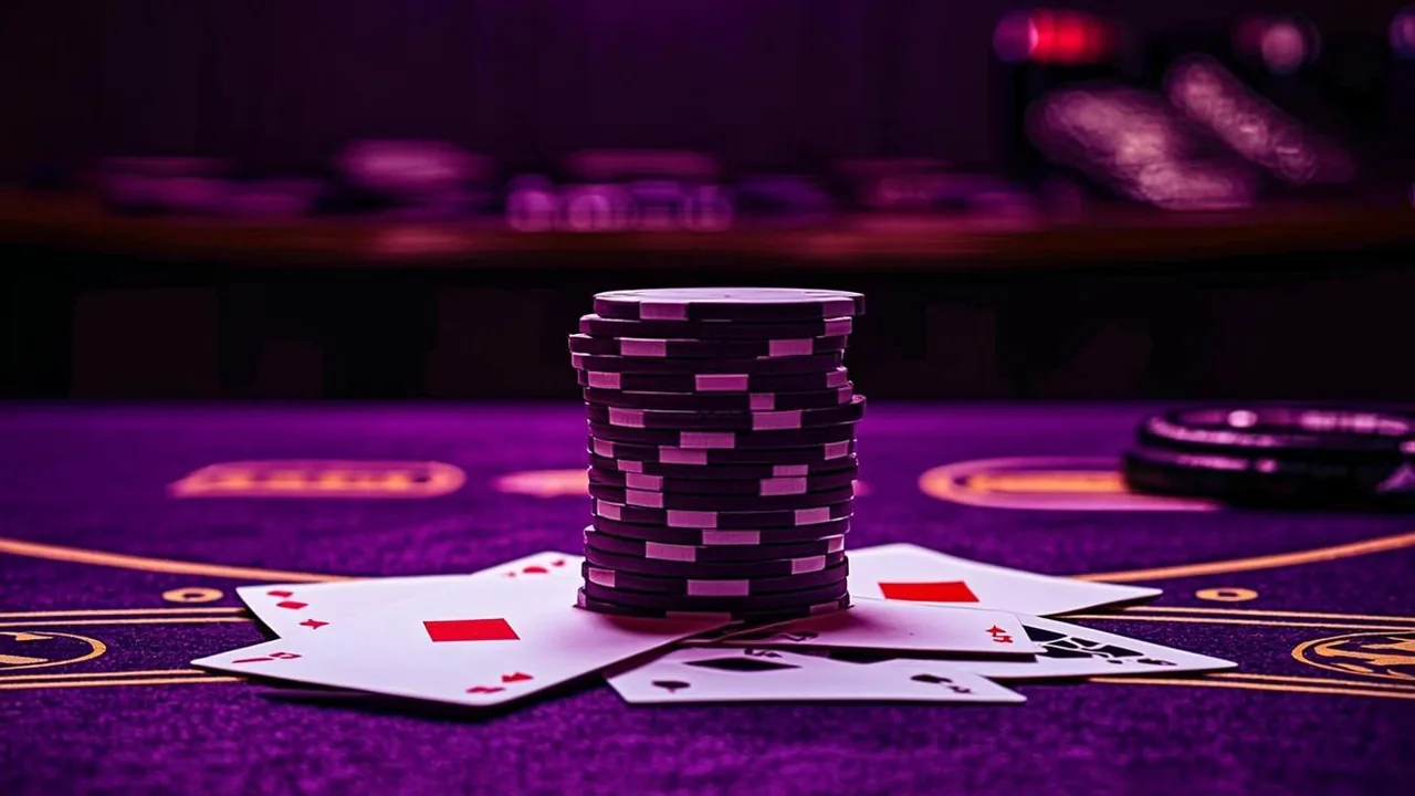 High stakes blackjack table with a tall stack of purple-neon chips on dark felt