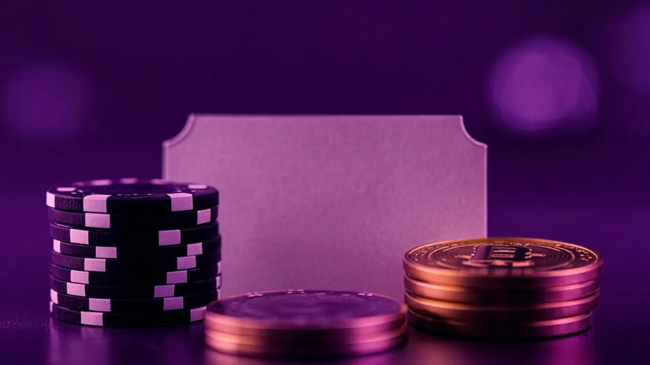 A casino bonus voucher with a zero deposit line under purple-neon light