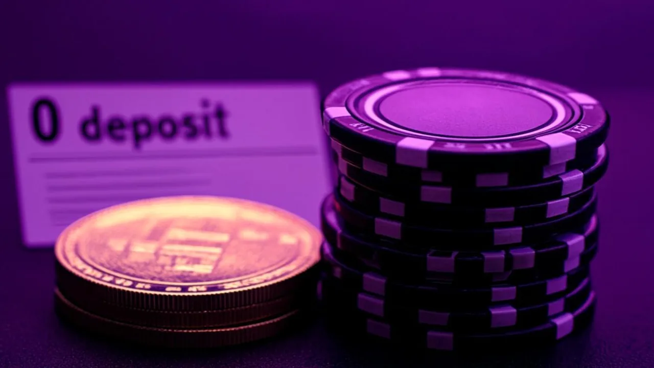 A casino bonus voucher with a zero deposit line under purple-neon light