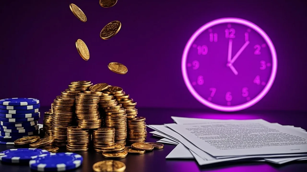Welcome bonus contract pages with a purple-neon clock face over dark cards