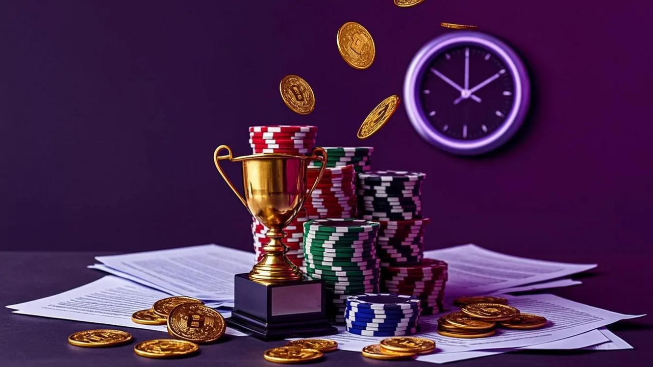 Welcome bonus contract pages with a purple-neon clock face over dark cards