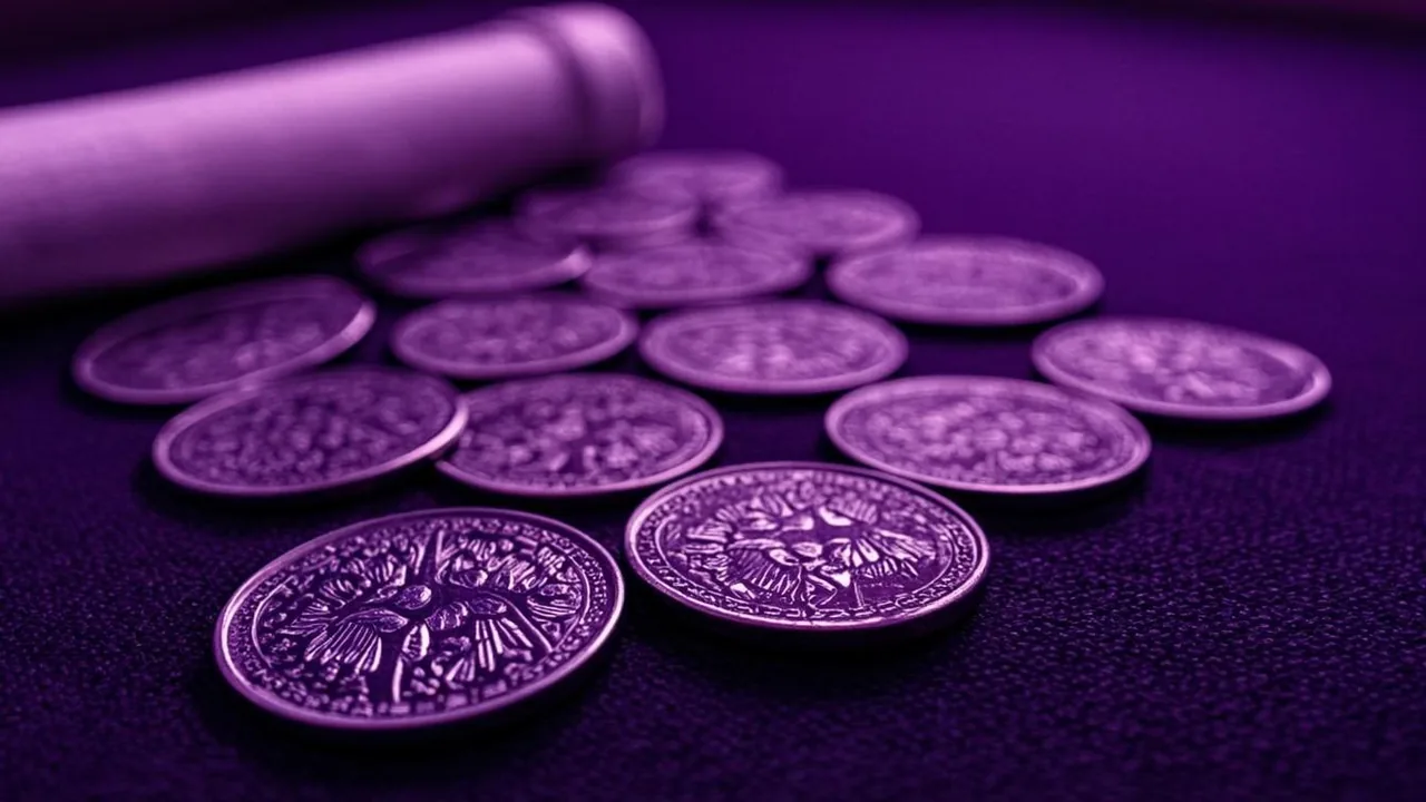 Fifty numbered spin tokens fanned across a dark table under purple neon light