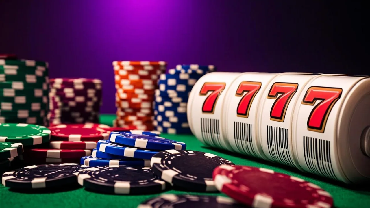 Fifty numbered spin tokens fanned across a dark table under purple neon light