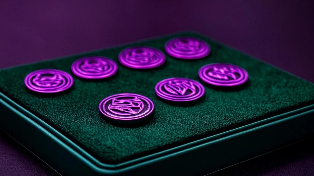 Seven-day calendar with glowing spin markers on a dark desk in purple neon light