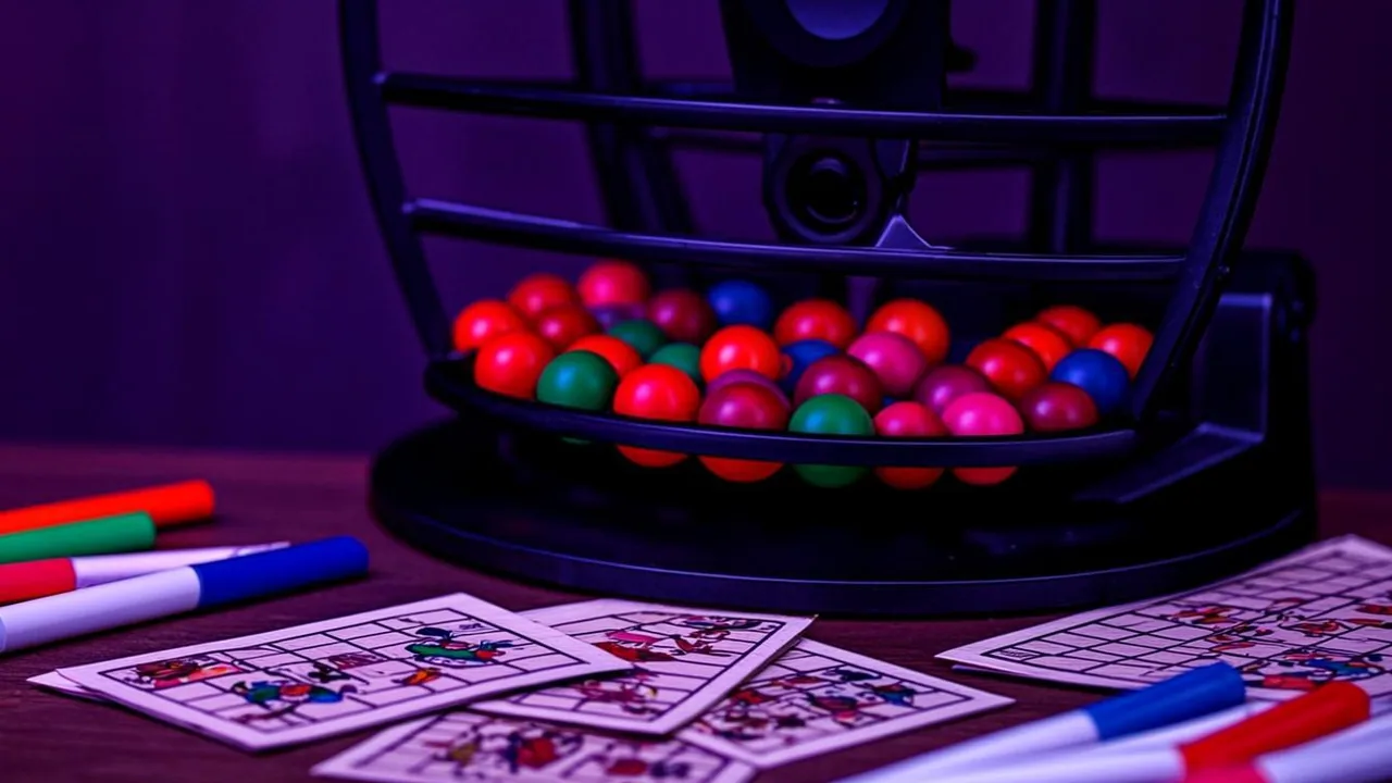 Bingo cards with dauber markers on a dark table lit by purple neon light
