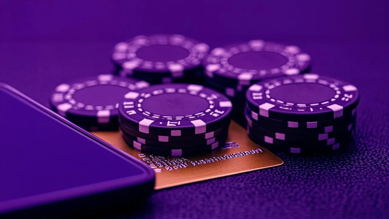 Phone screen showing a deposit confirmation, purple neon payment icons on a dark graphite surface