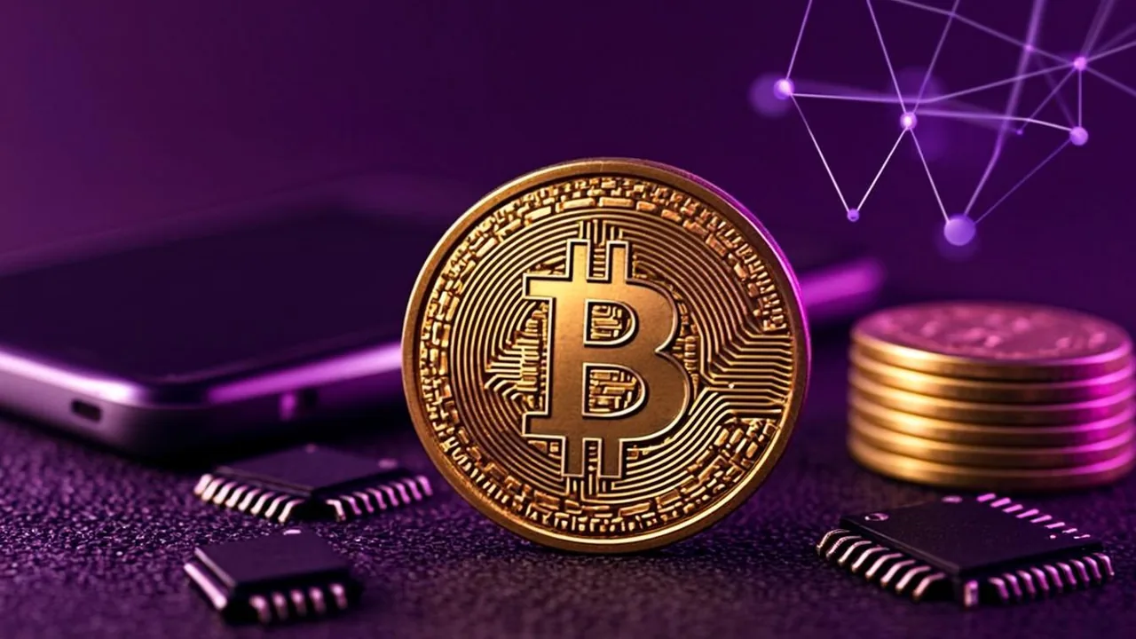 Cryptocurrency coins beside a smartphone wallet, purple neon network lines over a dark background