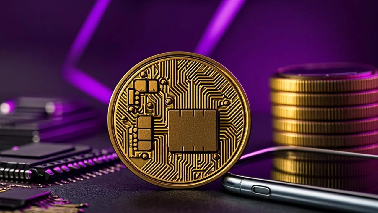 Cryptocurrency coins beside a smartphone wallet, purple neon network lines over a dark background
