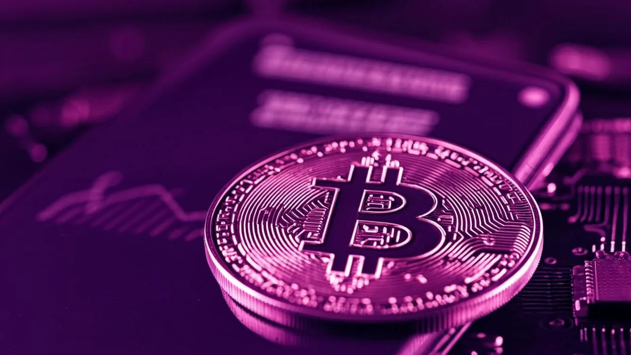 Golden bitcoin coin next to a phone showing a satoshi balance, purple neon glow