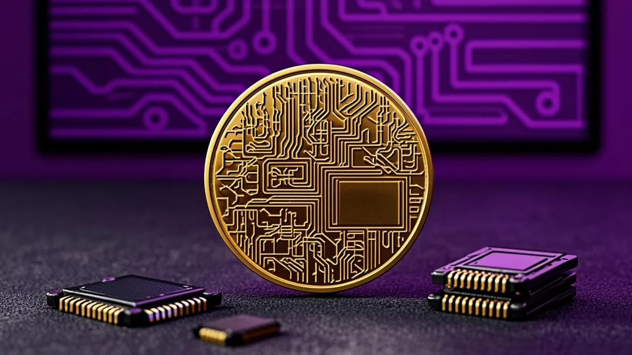 Ethereum token with a gas meter graphic, purple neon circuit traces on dark glass