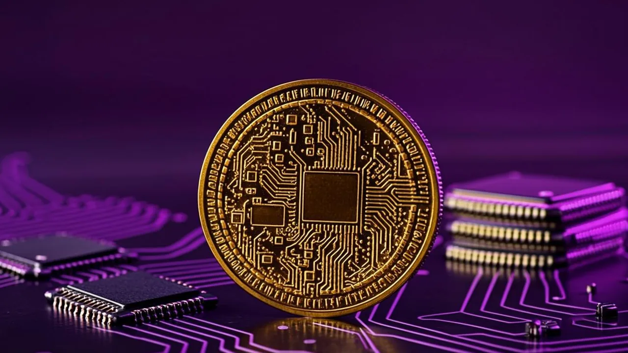 Ethereum token with a gas meter graphic, purple neon circuit traces on dark glass