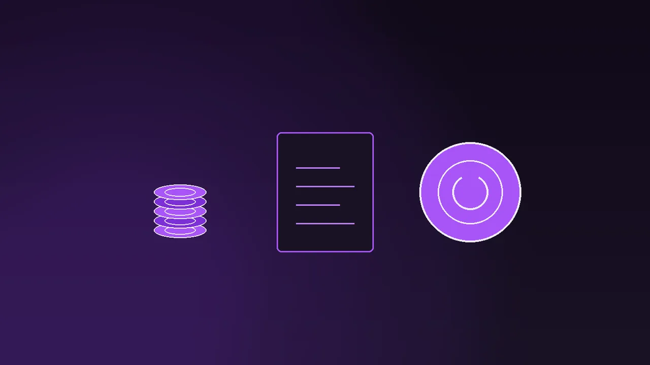 Three payment rails on a dark cashier screen, purple neon glow, cards and stacked chips