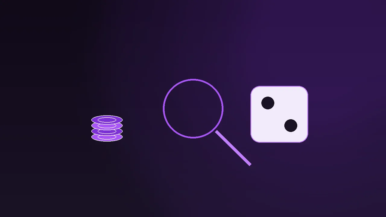 Standalone casino contract pages under a magnifier, purple-neon highlights over dark violet paper