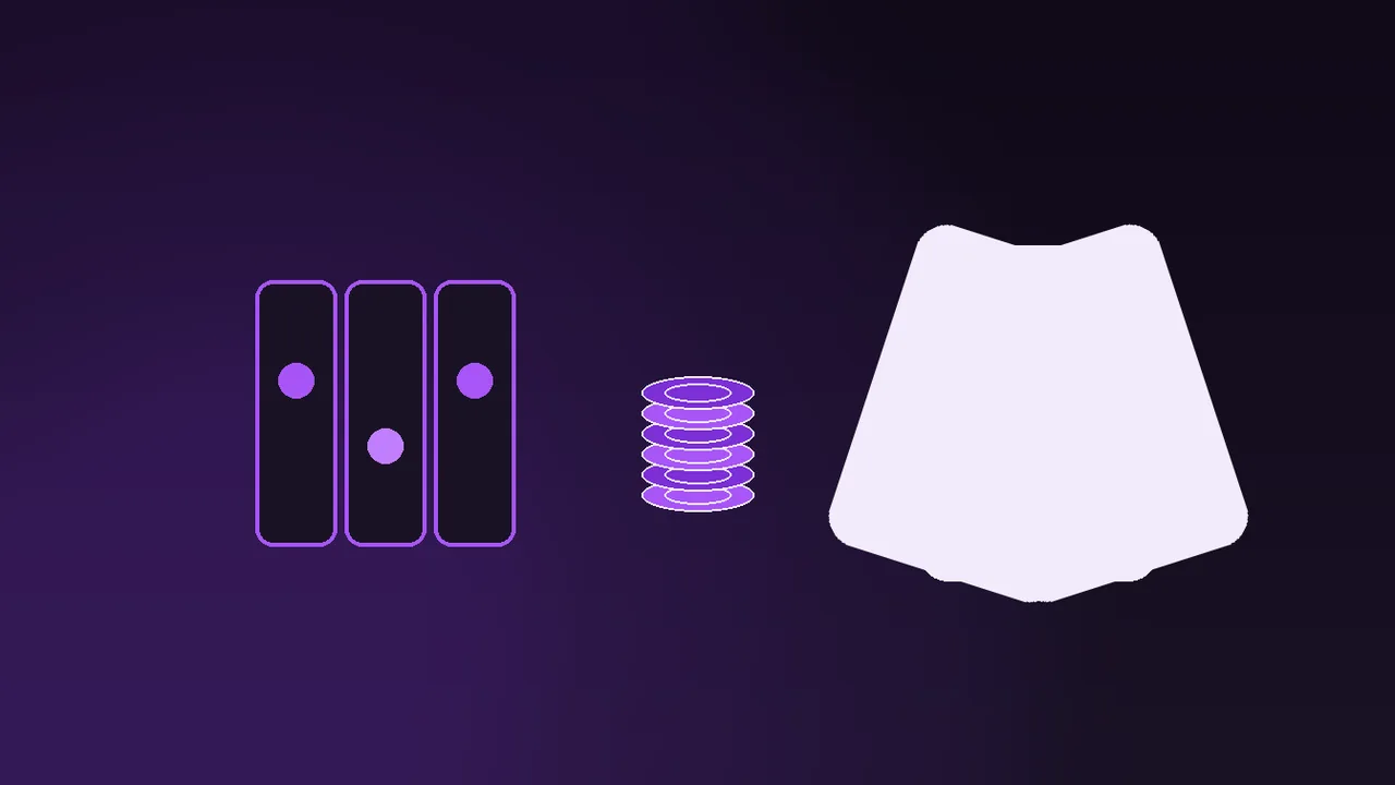 Five clause groups stacked as glowing contract pages, purple-neon lines over dark violet