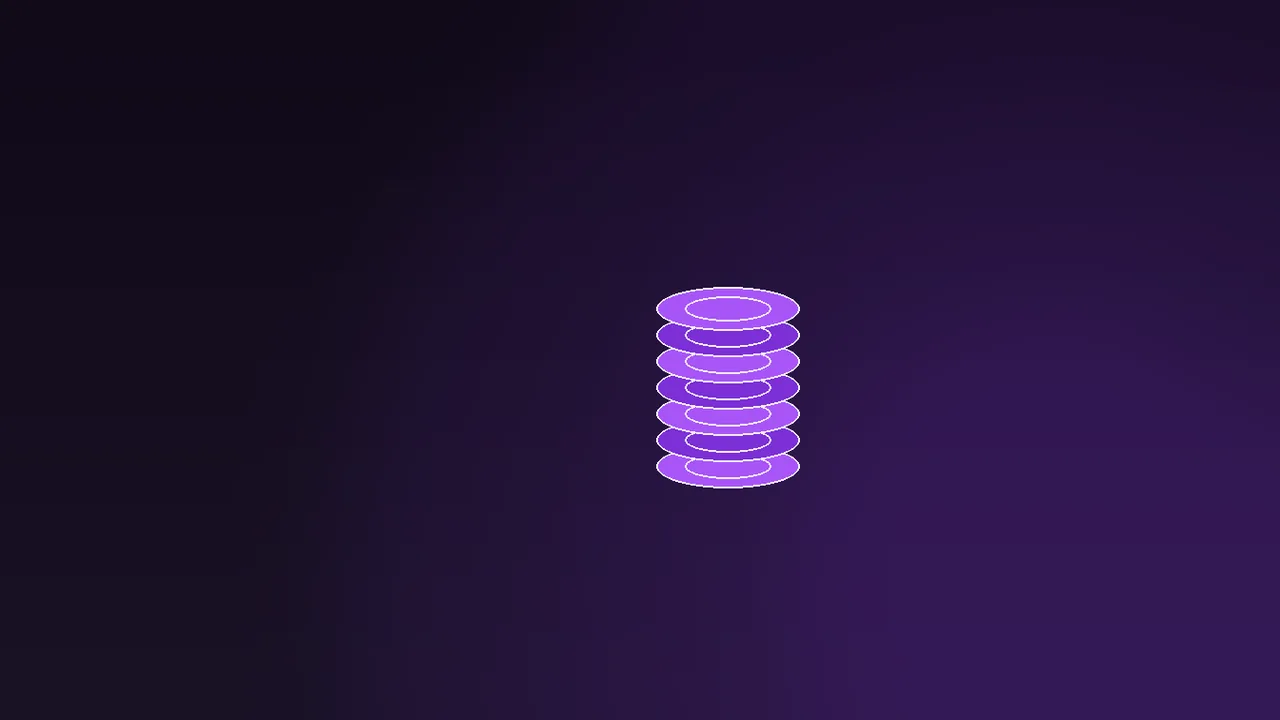 Five clause groups stacked as glowing contract pages, purple-neon lines over dark violet