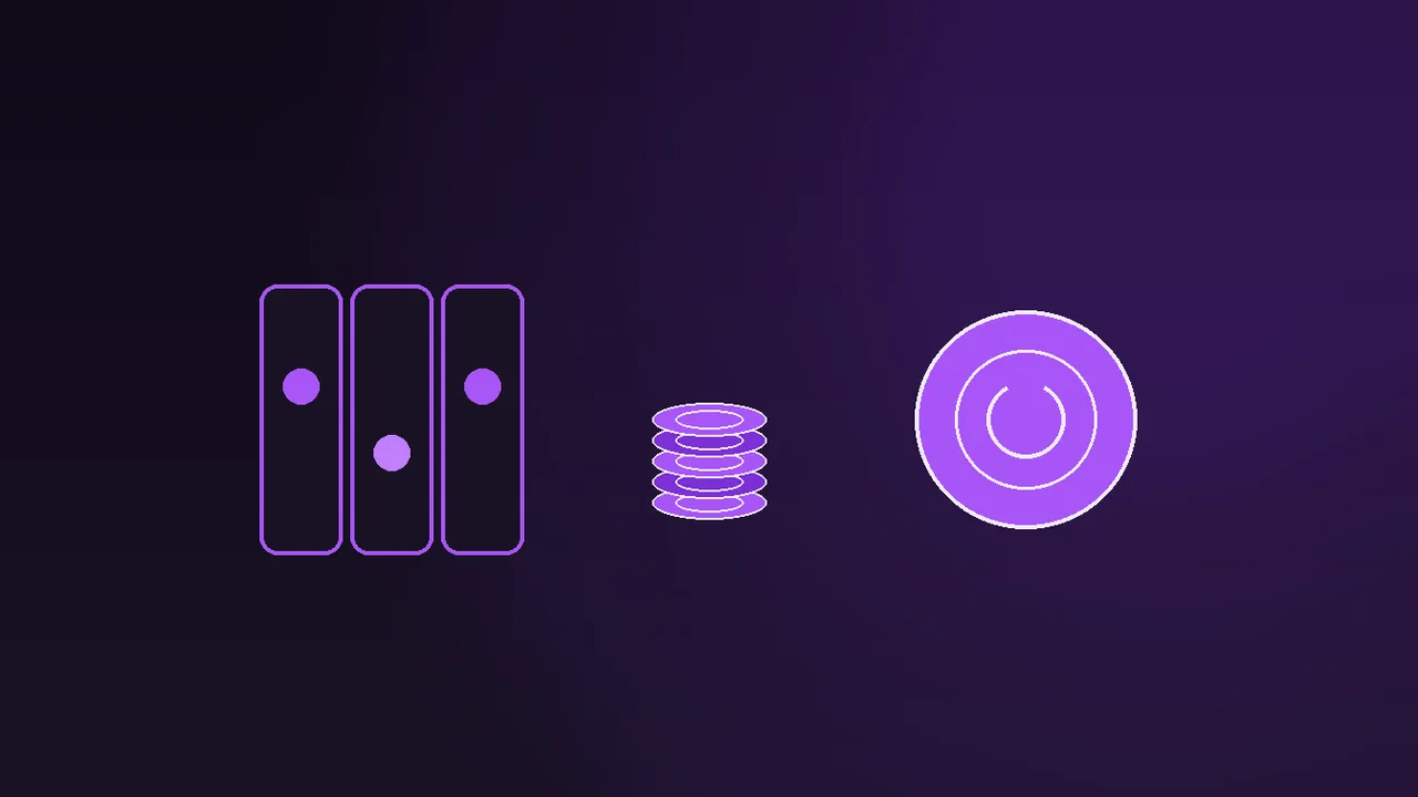 A hundred spin tokens stacked in four piles on a dark table under purple neon light