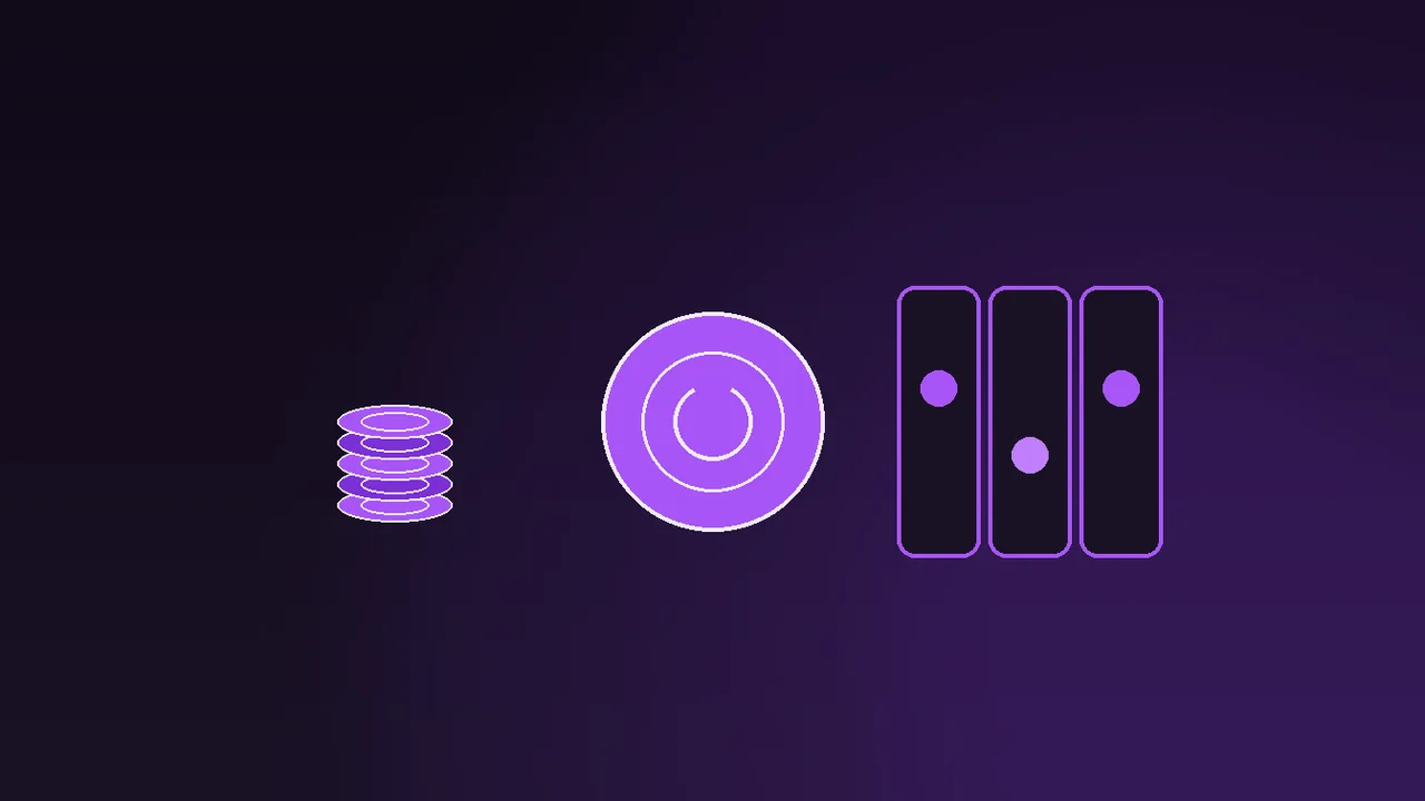 One hundred spin tokens split into two uneven piles beside a ten pound note under purple neon light