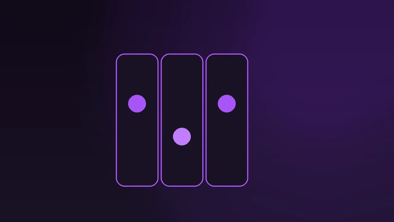 Five spin tokens in a short row on a dark table under a narrow purple neon strip
