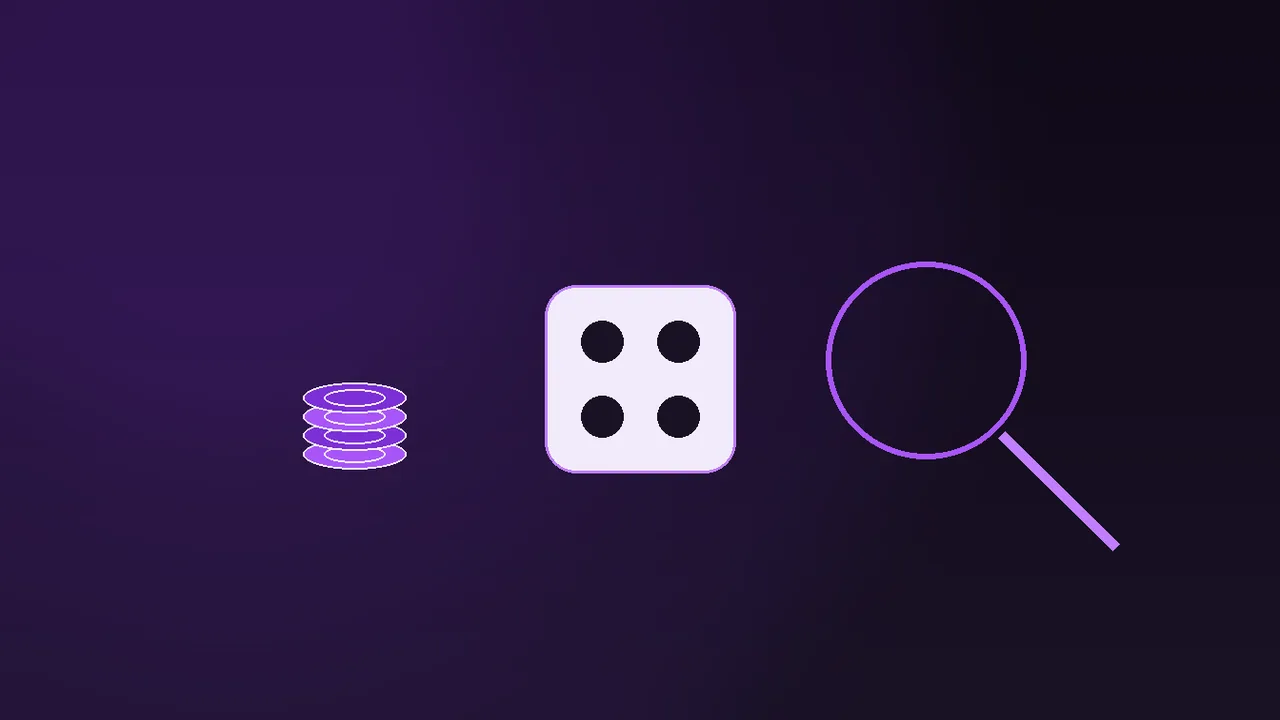 Two overlapping paper rulebooks beside a blue wallet card glowing purple neon on dark graphite