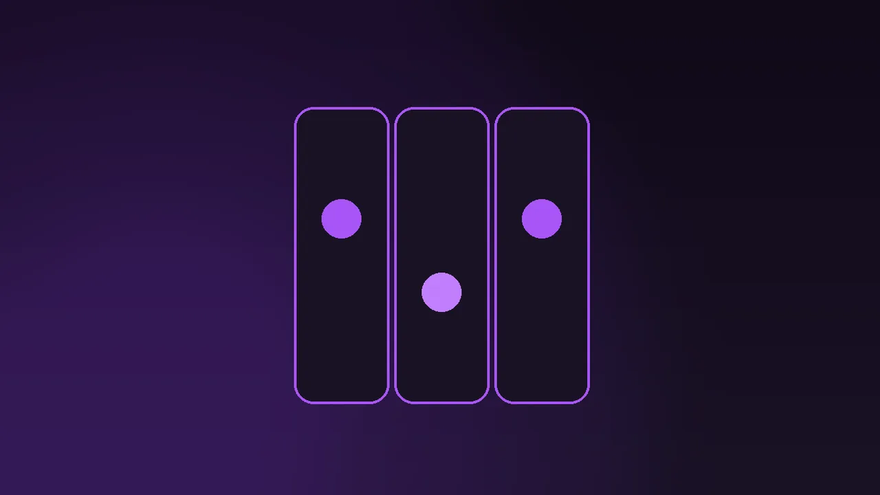 Slot reel showing ten lit symbols under a timer, purple neon reflections on a dark cabinet