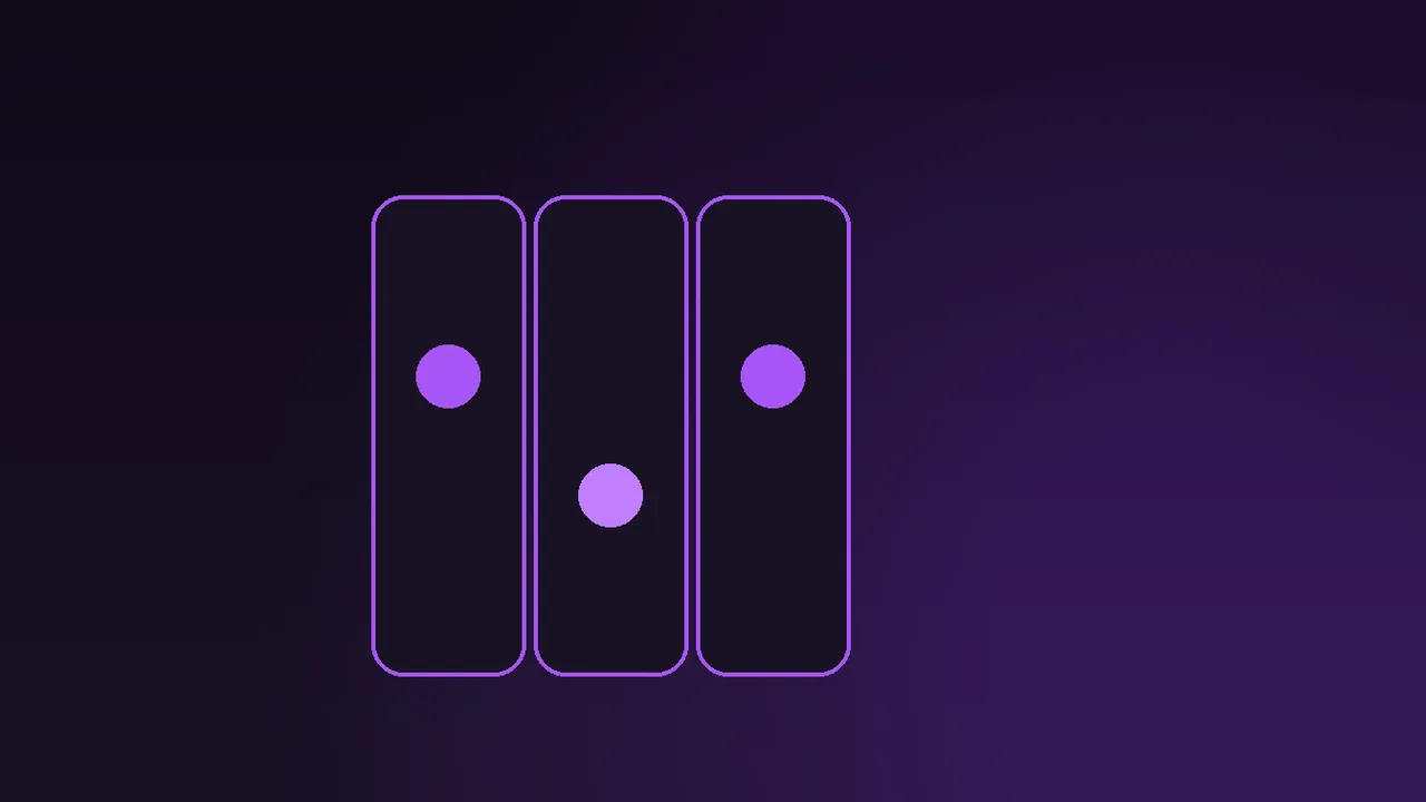 Slot cabinet with paytable screen open, purple neon glow over graphite reels and stake controls