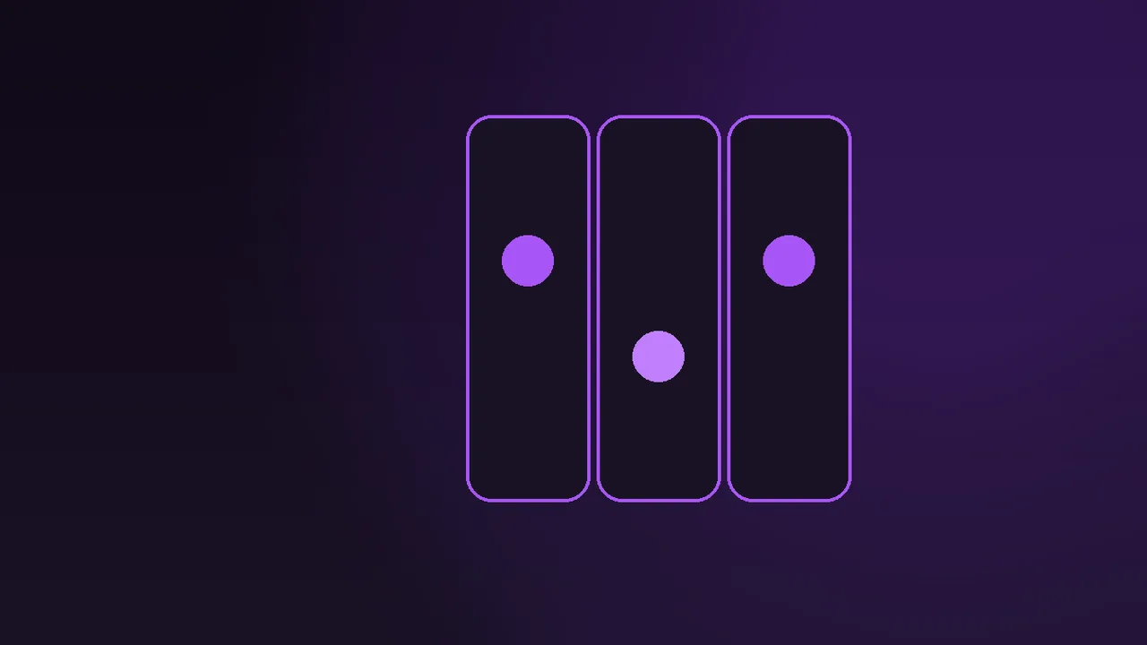 Twenty slot tiles ranked on a dark wall, purple neon edge lighting over graphite shelving