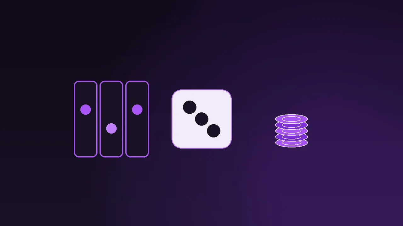 A freshly launched slot reel glowing purple beside a printed launch terms sheet and stacked chips