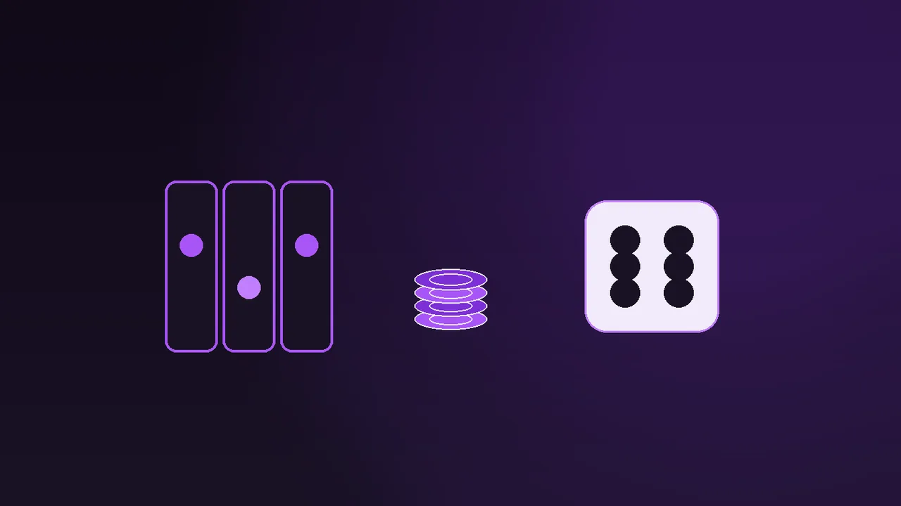A phone resting on purple neon reels beside a bank card, coins and a signal icon on graphite