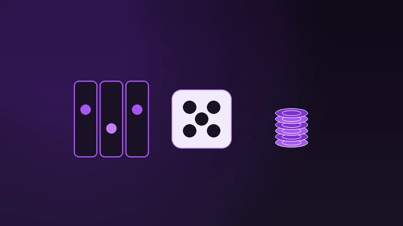 A gift box spilling coins beside purple neon slot reels and a folded terms card on graphite